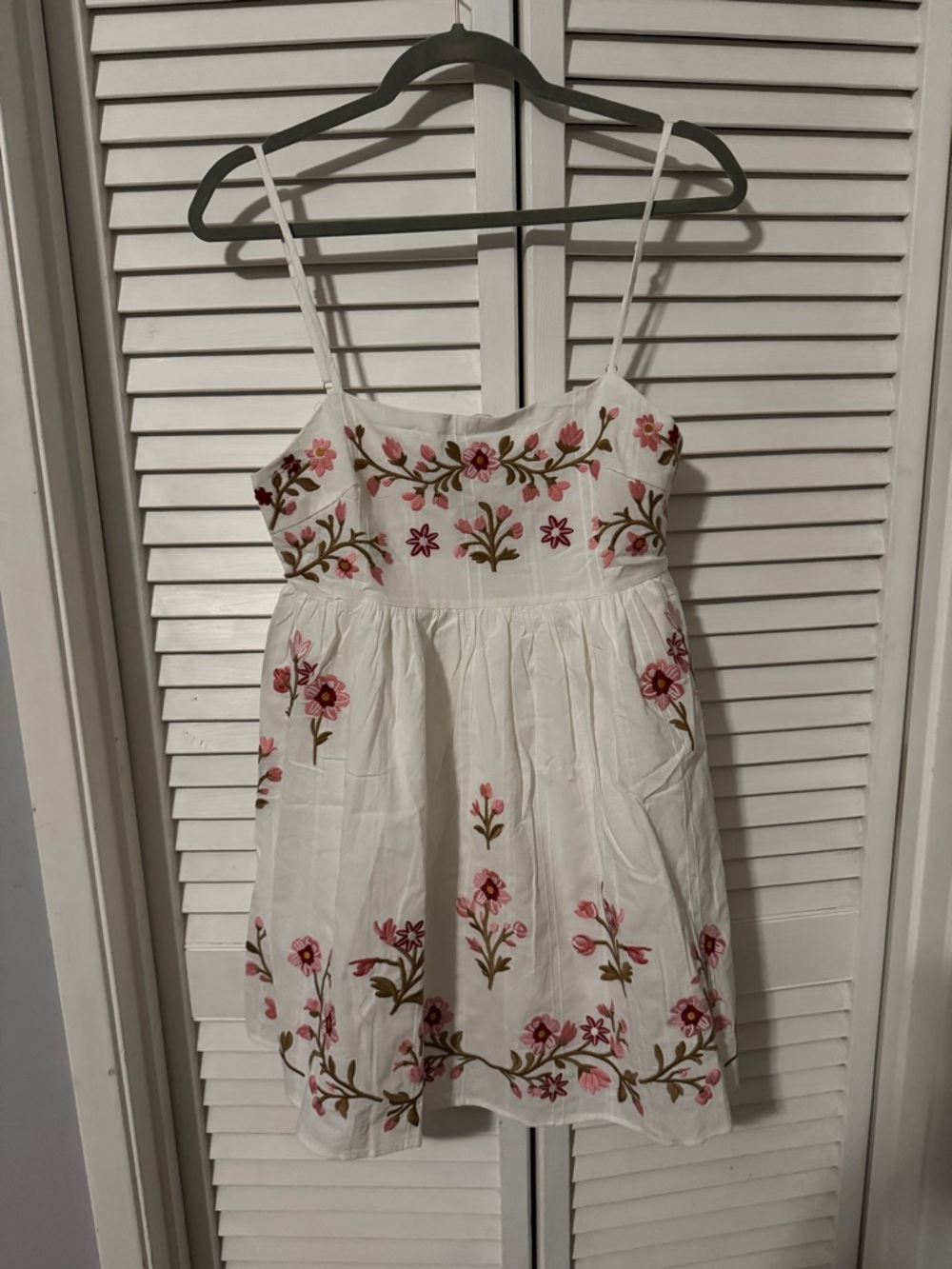 Altar’d State White Spaghetti-Strap Dress with Pink Floral Embroidery